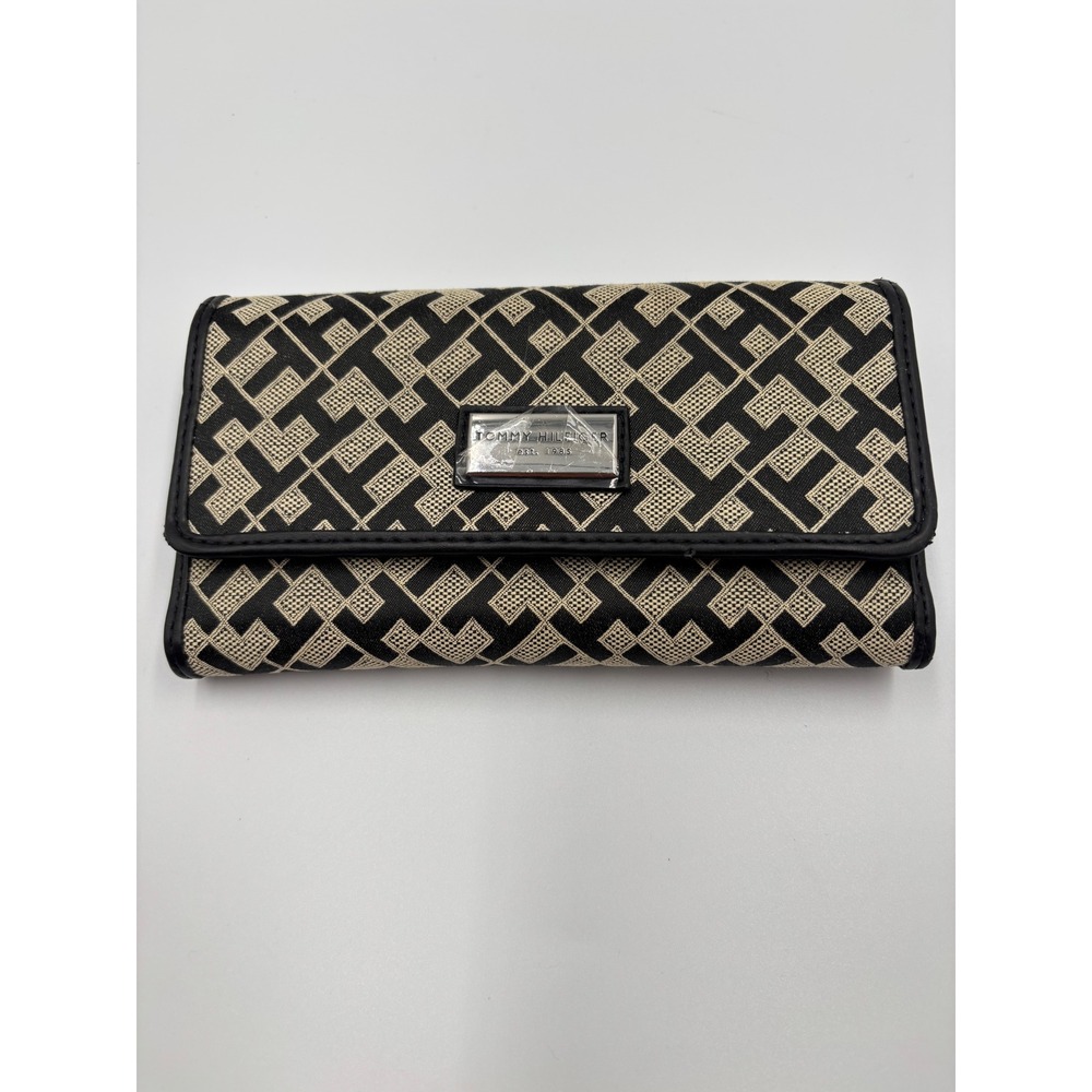 Tommy Hilfiger Monogram Jacquard Trifold Wallet Black Tan Checkbook Clutch